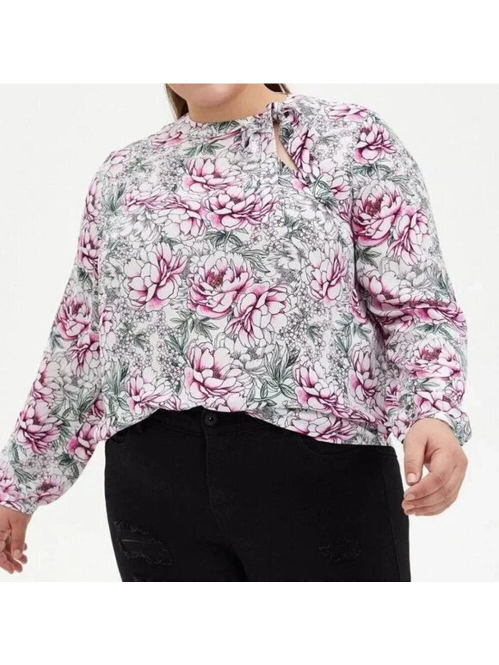 Torrid Georgette Bow Tie Blouse Floral Long Sleeve Top Size 0 (Large)